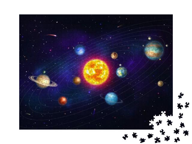 Colorful Solar System with Nine Planets Which Orbit Sun... Jigsaw Puzzle with 1000 pieces