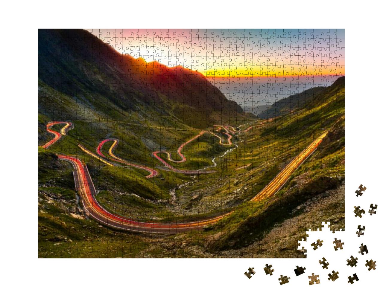 Traffic Trails on Transfagarasan Pass At Sunset. Crossing... Jigsaw Puzzle with 1000 pieces
