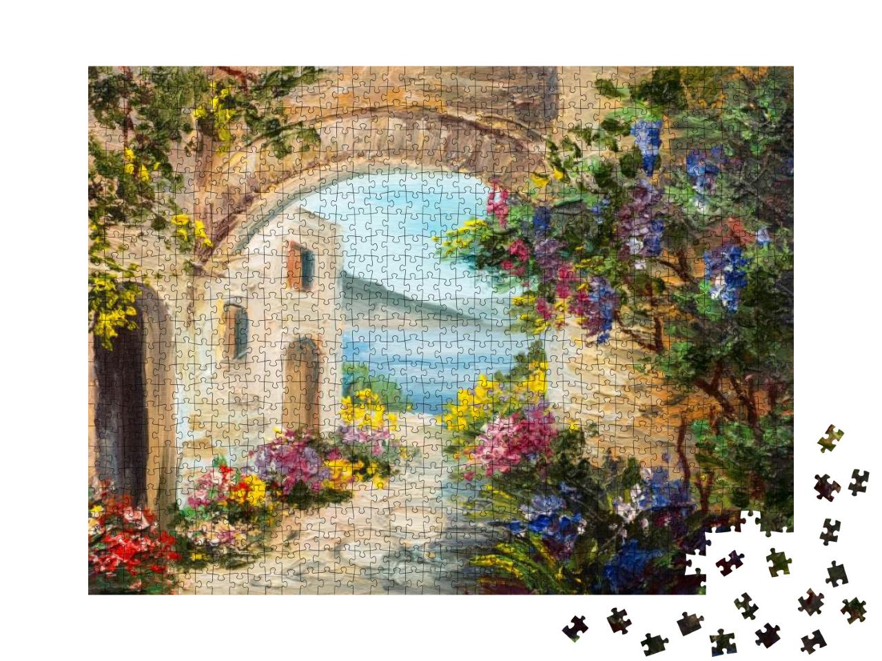Oil Painting - House Near the Sea, Colorful Flowers, Summ... Jigsaw Puzzle with 1000 pieces