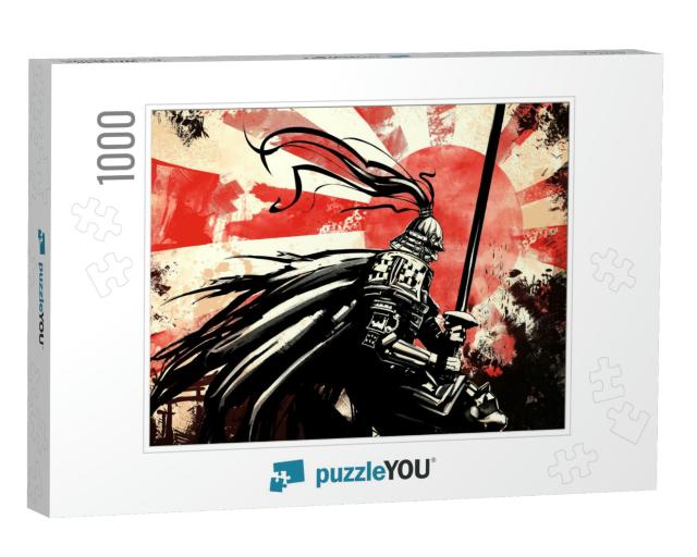 Samurai in Armor with a Katana Stands Against the Sun Pai... Jigsaw Puzzle with 1000 pieces