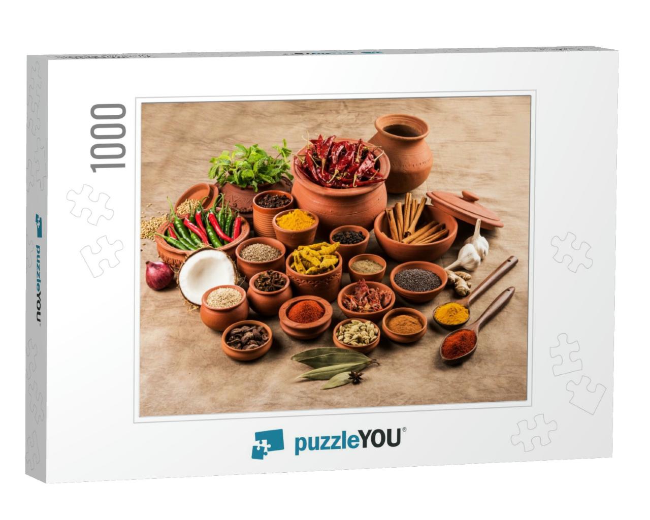 Indian Essential Spices in Terracotta Pots Arranged Over... Jigsaw Puzzle with 1000 pieces