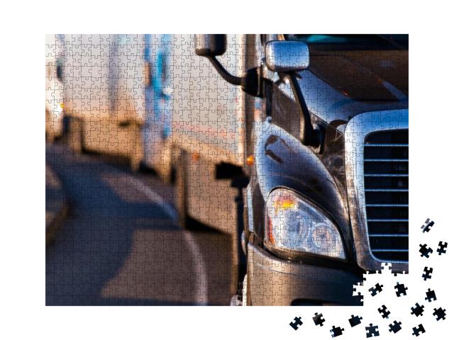 Details of Dark Semi Truck on the Road on Blurred Truck &... Jigsaw Puzzle with 1000 pieces