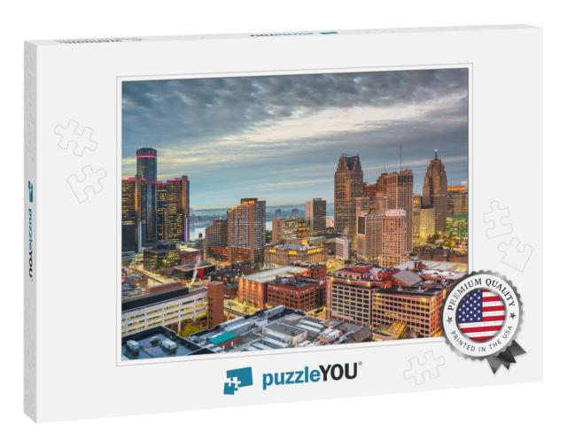 Detroit, Michigan, USA Downtown Skyline from Above At Dusk... Jigsaw Puzzle