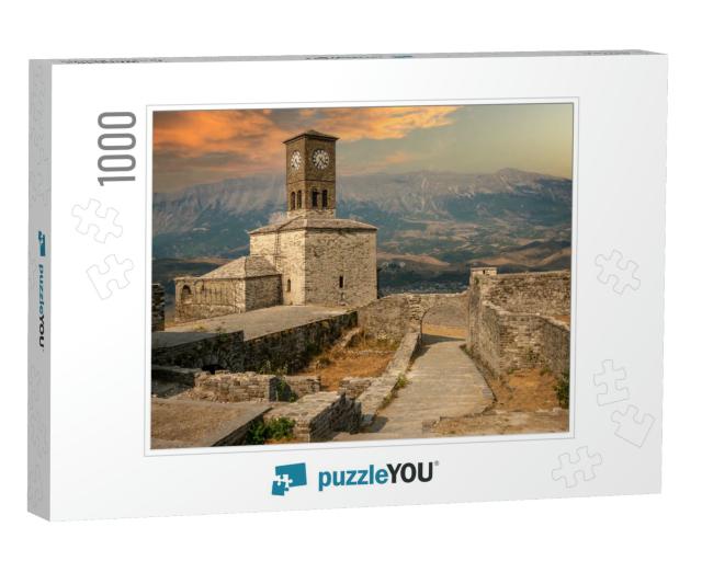 Sunset Over Clock Tower & Fortress At Gjirokaster, a Beau... Jigsaw Puzzle with 1000 pieces