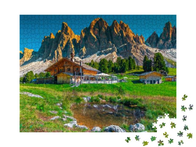 Beautiful Spring Alpine Landscape, Mountain Chalets & Sma... Jigsaw Puzzle with 1000 pieces