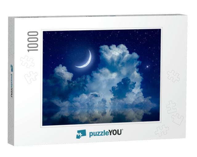Big Crescent Moon & Clouds in Night Starry Sky is Reflect... Jigsaw Puzzle with 1000 pieces