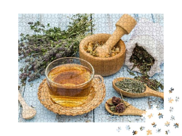 Various Dried Meadow Herbs & Herbal Tea on Light Old Wood... Jigsaw Puzzle with 1000 pieces
