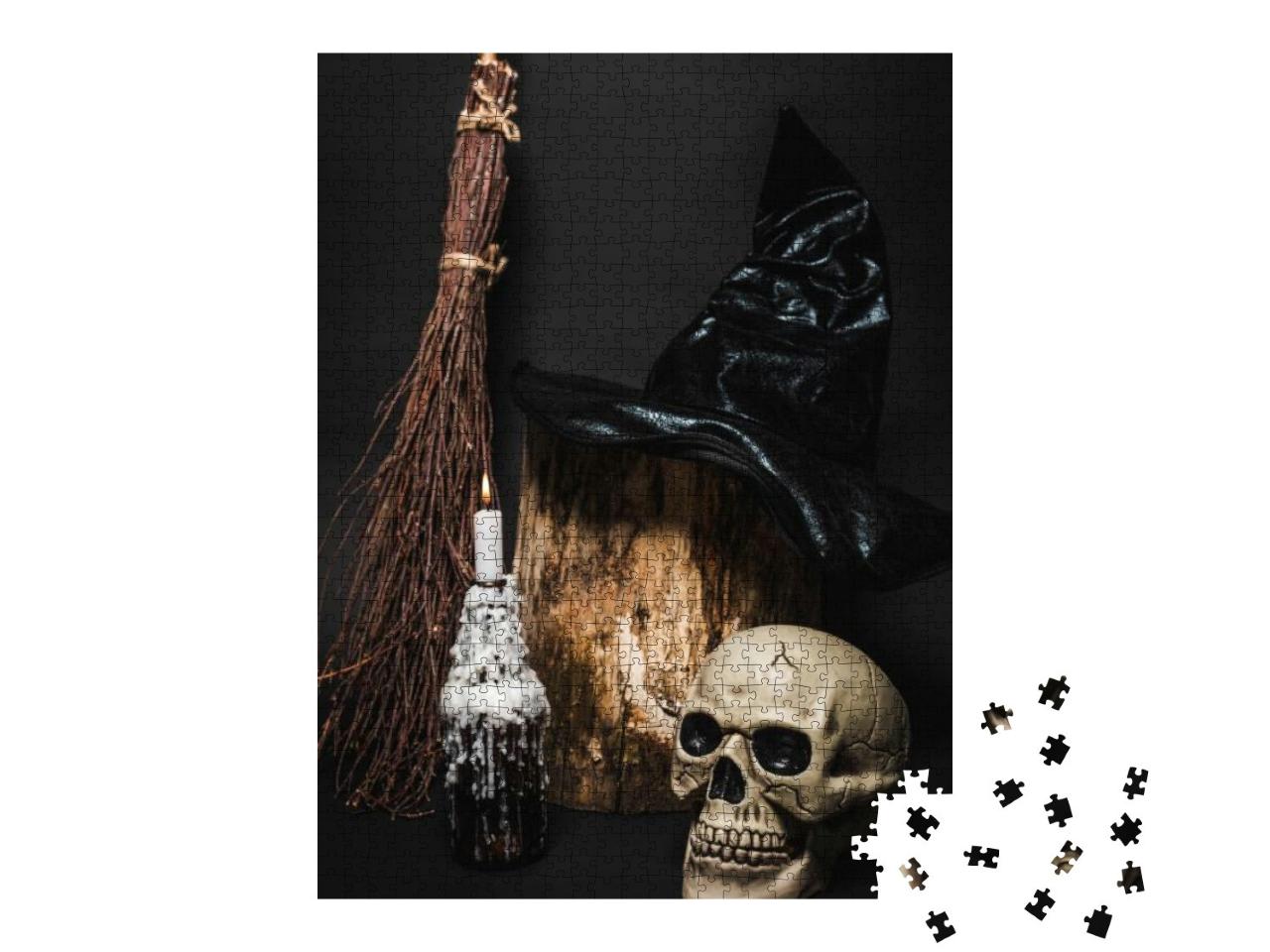 Broom Near Skull & Wooden Stump with Witch Hat O... Jigsaw Puzzle with 1000 pieces