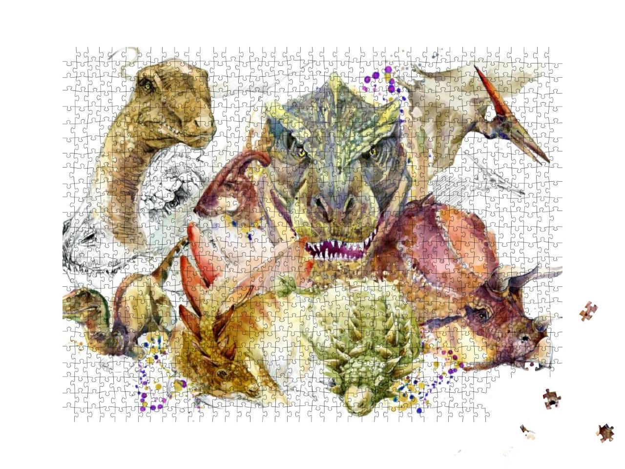 Dinosaur Watercolor Illustration Set. Tropical Exotic For... Jigsaw Puzzle with 1000 pieces