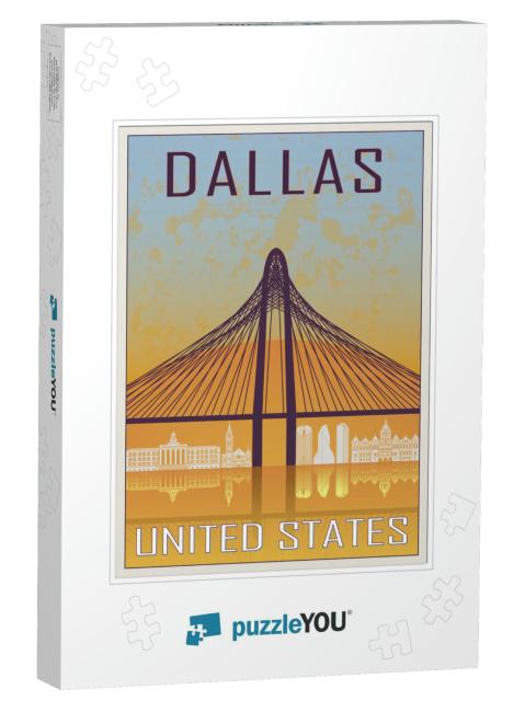Dallas Vintage Poster in Orange & Blue Textured Backgroun... Jigsaw Puzzle
