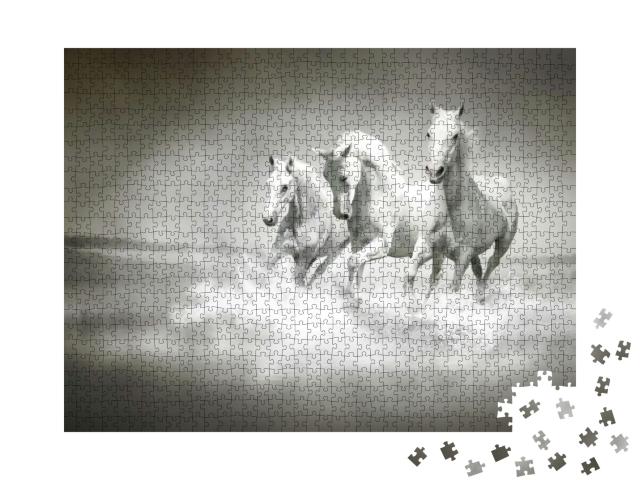 Herd of White Horses Running Through Water... Jigsaw Puzzle with 1000 pieces