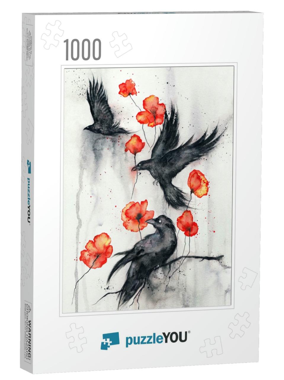 Black Ravens, Red Poppies & Rainy Watercolor Background... Jigsaw Puzzle with 1000 pieces