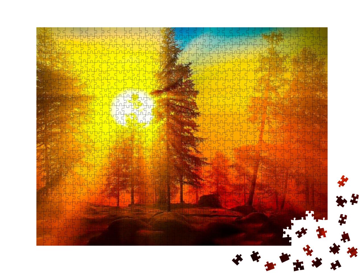 Sunrise in Forest Landscape. Winter Trees At Dawn... Jigsaw Puzzle with 1000 pieces