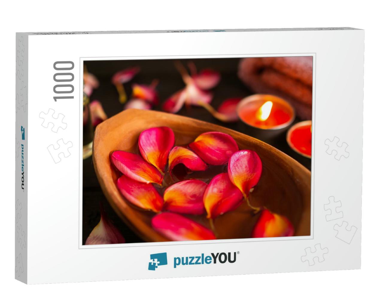Aromatherapy Spa Set Concept. Red Plumeria Petals Floatin... Jigsaw Puzzle with 1000 pieces