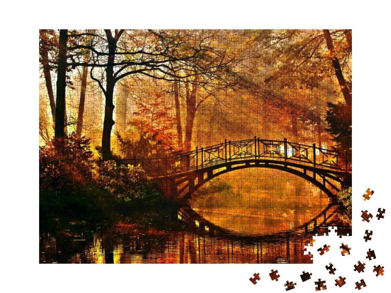Autumn - Old Bridge in Autumn Misty Park... Jigsaw Puzzle with 1000 pieces