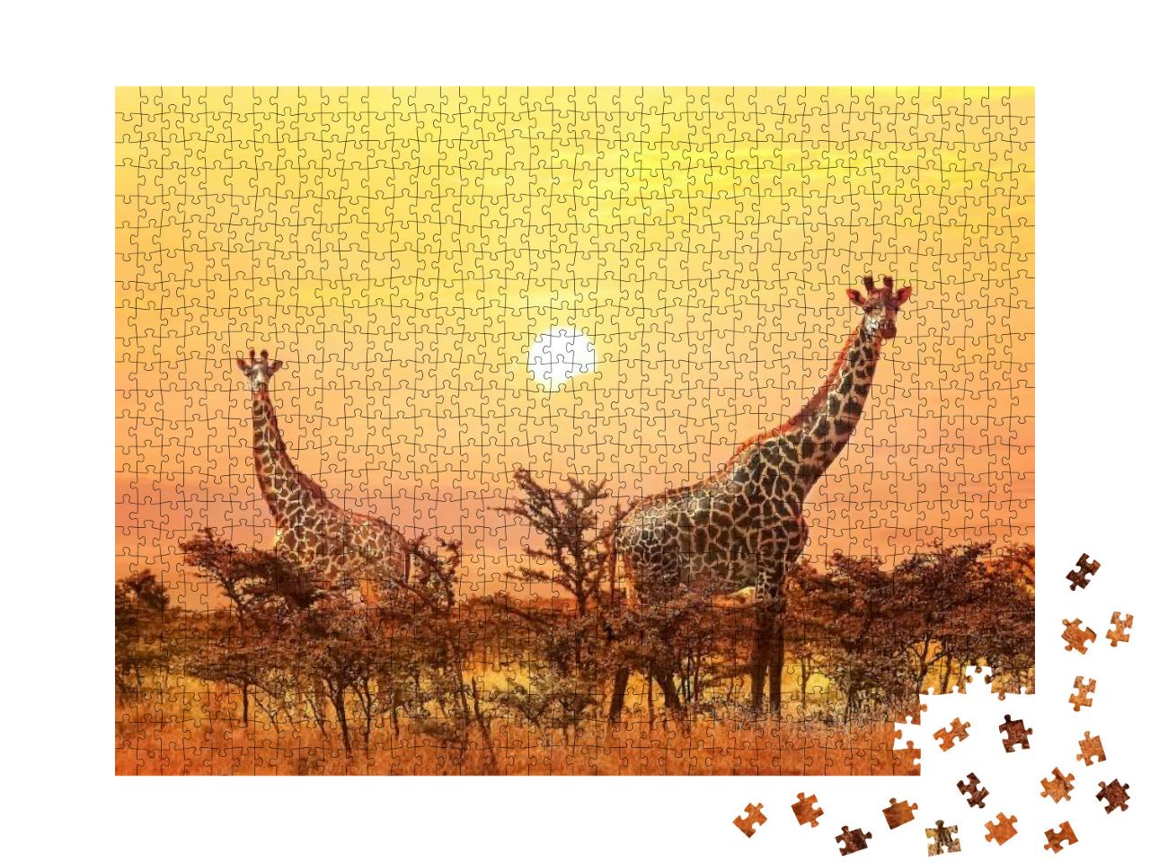 Group of Giraffes on Sunset Background... Jigsaw Puzzle with 1000 pieces
