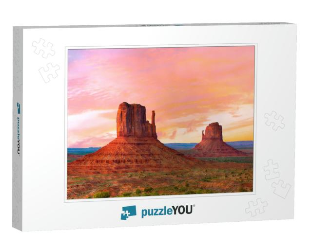 Beautiful Sunset Over the West & East Mitten Butte in Mon... Jigsaw Puzzle