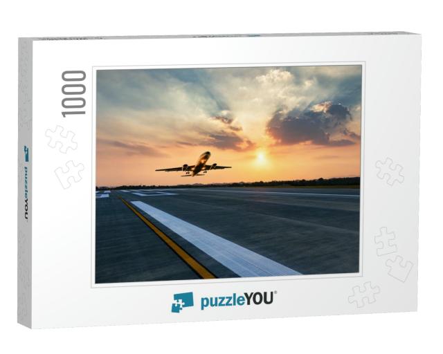 Passenger Plane Fly Up Over Take-Off Runway from Airport... Jigsaw Puzzle with 1000 pieces