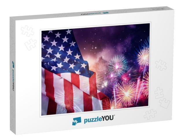 American Flag & Fireworks with Night Sky Background... Jigsaw Puzzle