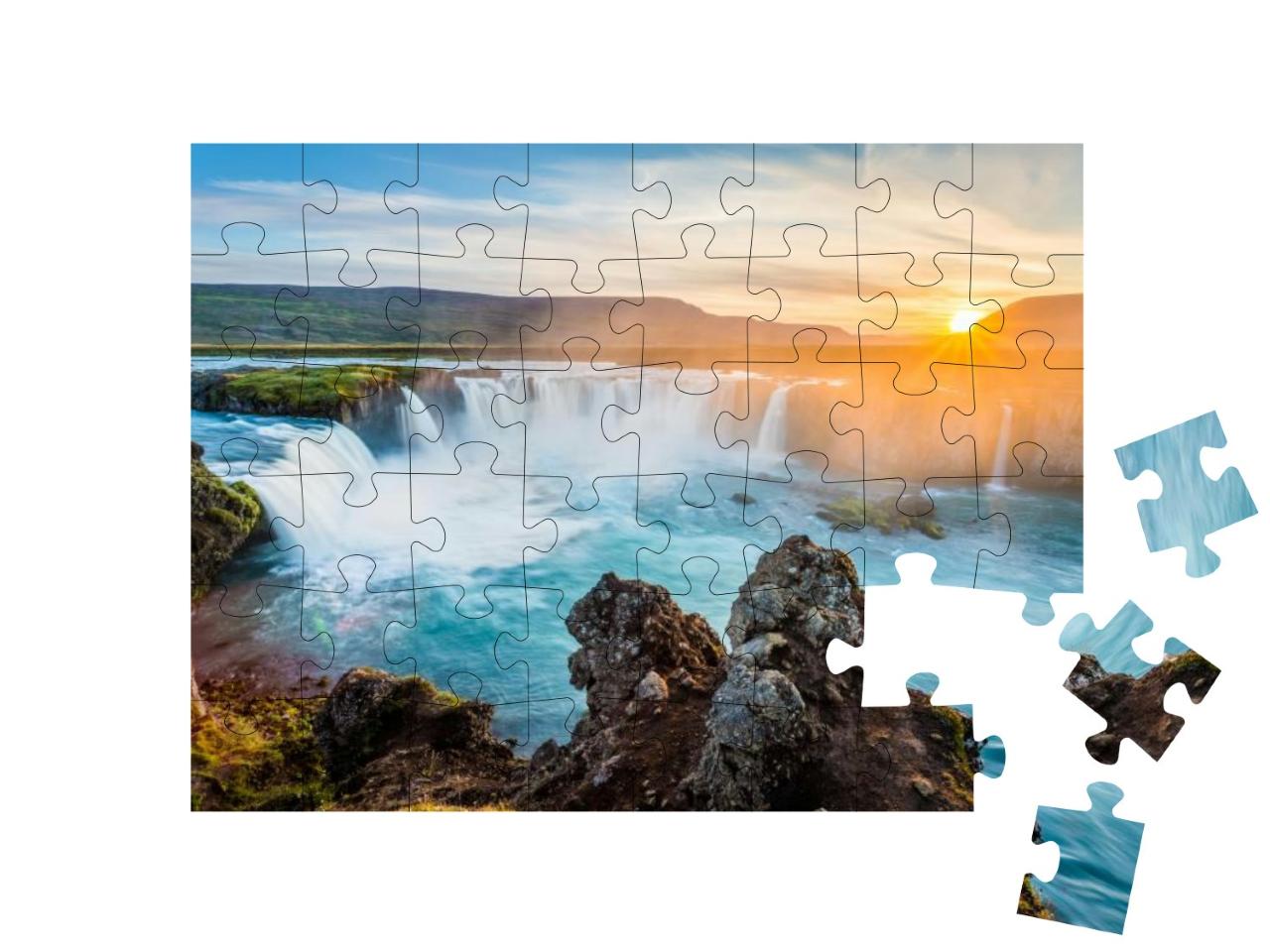 Godafoss Waterfall At Sunset, Iceland, Europe... Jigsaw Puzzle with 48 pieces