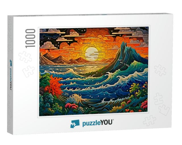 As the Sun Sets between the Mountains, the Choppy Sea Rages Jigsaw Puzzle with 1000 pieces