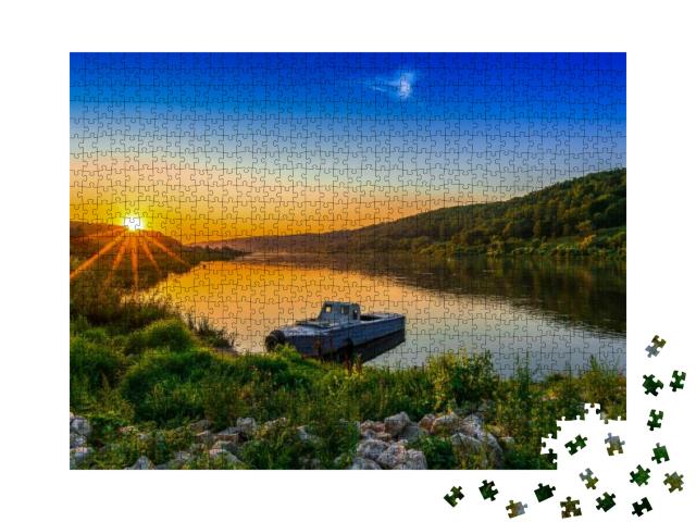 River Boat At Yellow Sunset... Jigsaw Puzzle with 1000 pieces