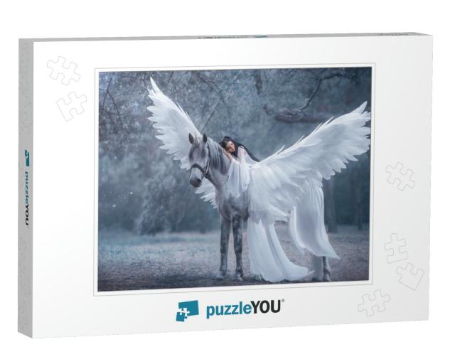 Beautiful, Young Elf, Walking with a Unicorn. Angel is We... Jigsaw Puzzle