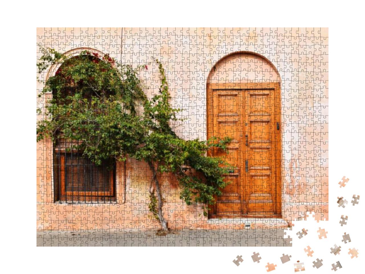 Facade of Old Rustic House, with Washed Peach Colored Wal... Jigsaw Puzzle with 1000 pieces
