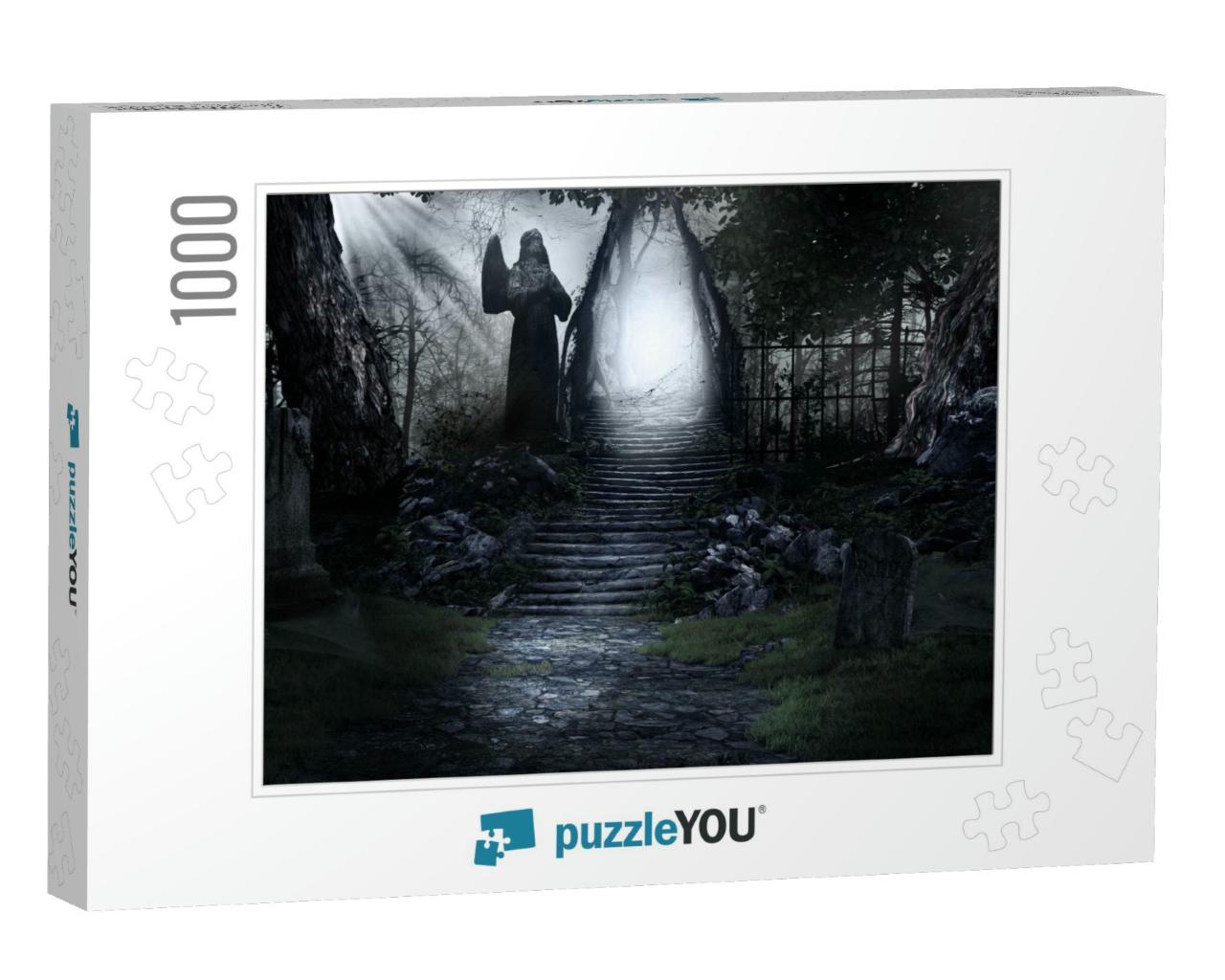 Gothic Scenery with Old Statue, Tombstones & Stairs. 3D I... Jigsaw Puzzle with 1000 pieces