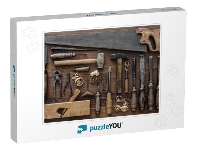 Collection of Vintage Carpentry Tools on an Old Workbench... Jigsaw Puzzle