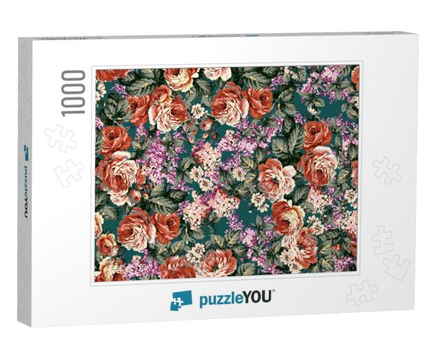 Seamless Abstract Colorful Vintage Rose Flower with Green... Jigsaw Puzzle with 1000 pieces