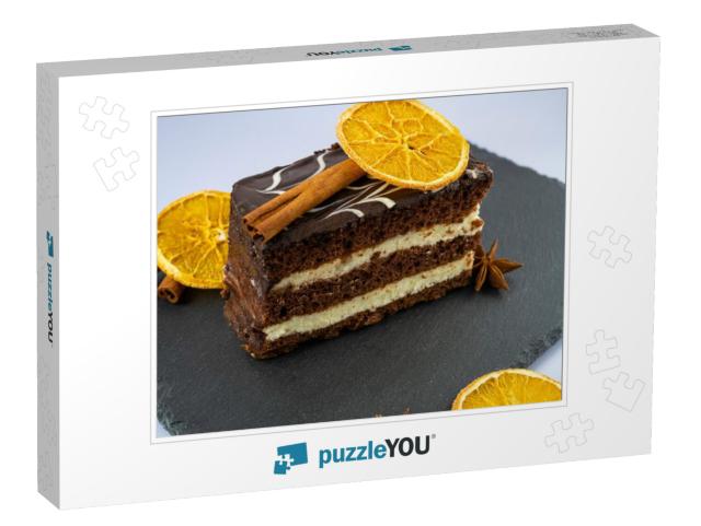 Delicious Chocolate Cake Isolated on White. Freshly Made... Jigsaw Puzzle