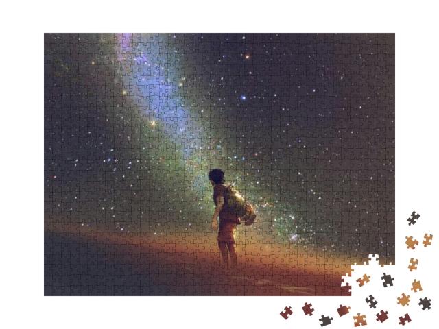 Young Man Standing on Desert & Looking Up Into the Night... Jigsaw Puzzle with 1000 pieces