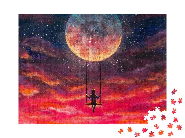 Painting Girl Guy Rides on Swing in Sky Against Backgroun... Jigsaw Puzzle with 1000 pieces