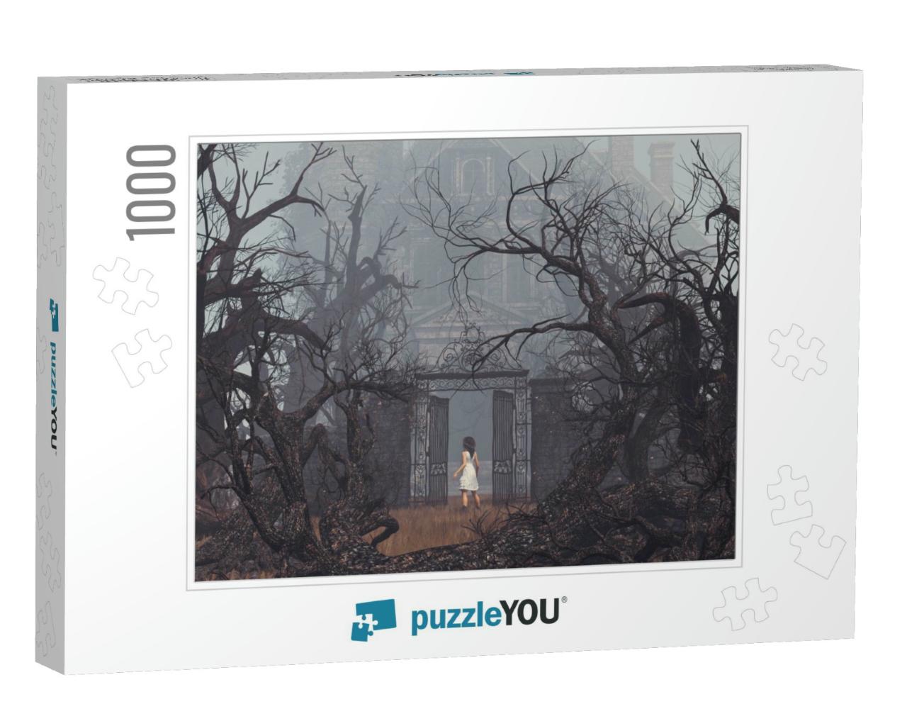 Girl Enter to Haunted Manor, 3D Illustration... Jigsaw Puzzle with 1000 pieces