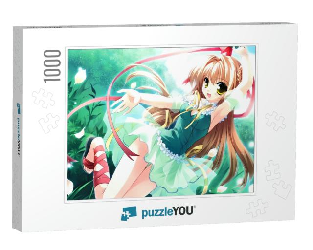 Illustration of Young Cute Anime Girl Dressed in Long Bro... Jigsaw Puzzle with 1000 pieces