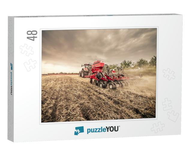 Modern Red Tractor with Red Implement Seeding Directly In... Jigsaw Puzzle with 48 pieces