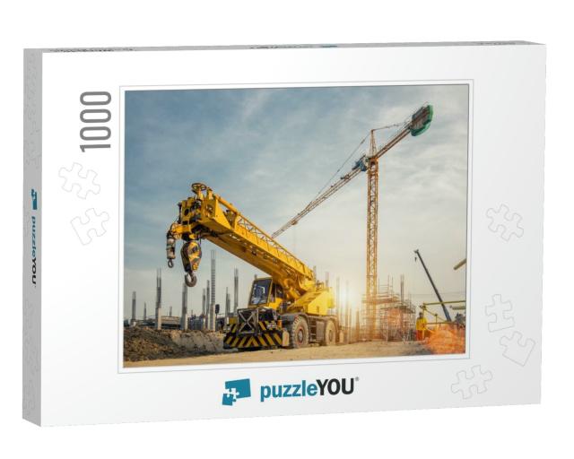 Mobile Crane on a Road & Tower Crane in Construction Site... Jigsaw Puzzle with 1000 pieces