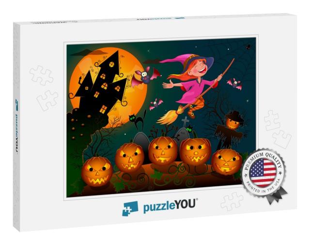 Night on Halloween. a Little Witch Flies on a Broo... Jigsaw Puzzle