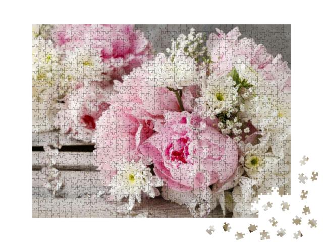 Floral Arrangement with Pink Peonies, White Chrysanthemum... Jigsaw Puzzle with 1000 pieces