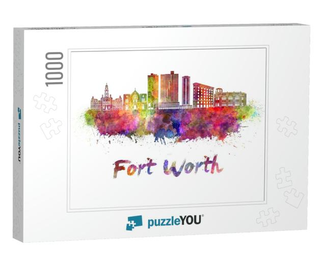 Fort Worth Skyline in Watercolor Splatters with Clipping... Jigsaw Puzzle with 1000 pieces
