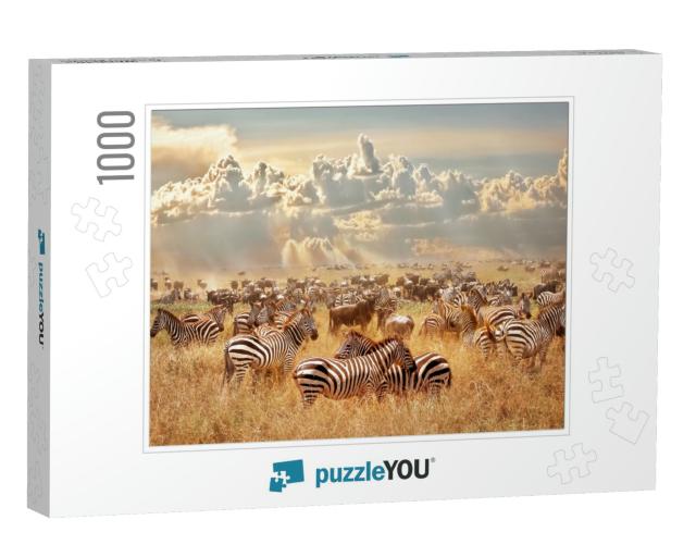 African Wild Zebras & Wildebeest in the African Savanna A... Jigsaw Puzzle with 1000 pieces