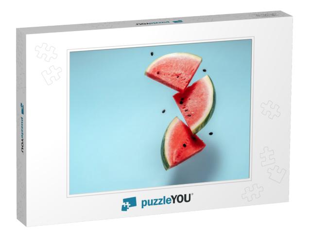 Watermelon Slice Falling on Pastel Background. Floating F... Jigsaw Puzzle