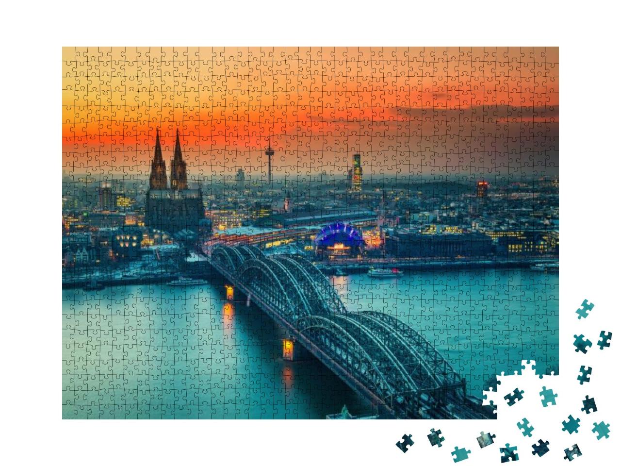 Cologne Cathedral & Hohenzollern Bridge At Night, Germany... Jigsaw Puzzle with 1000 pieces
