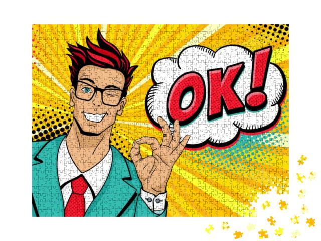 Wow Pop Art Male Face. Young Handsome Man in Glasses Smil... Jigsaw Puzzle with 1000 pieces