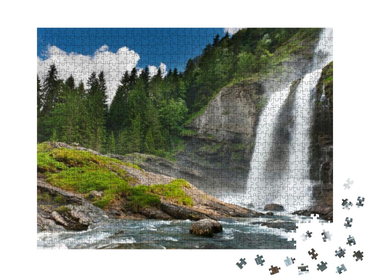 Alpine Waterfall in Mountain Forest Under Blue Sky... Jigsaw Puzzle with 1000 pieces