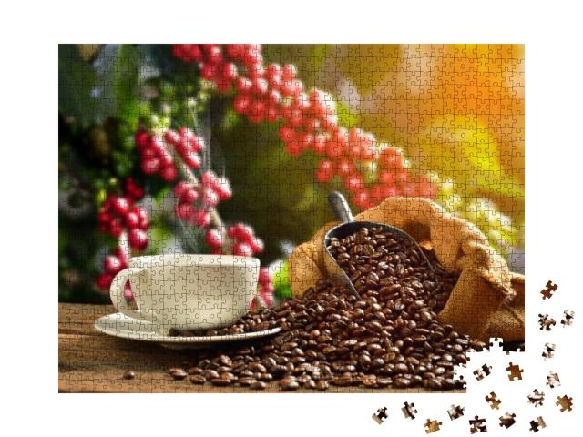Cup of Coffee with Smoke & Coffee Beans in Burlap Sack on... Jigsaw Puzzle with 1000 pieces