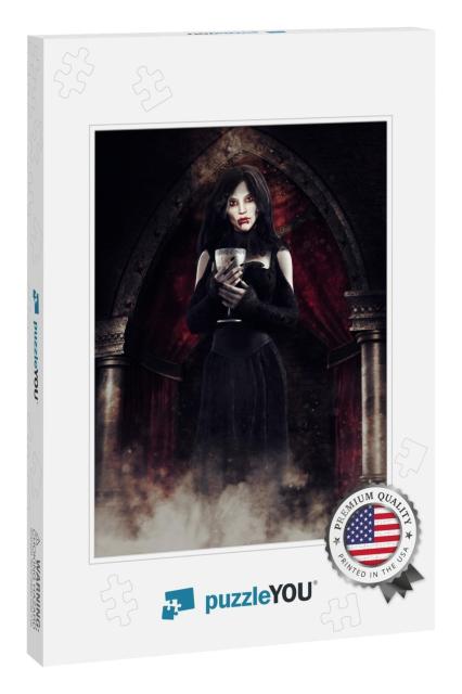 Gothic Scene with a Vampire Girl Standing with a Chalice... Jigsaw Puzzle
