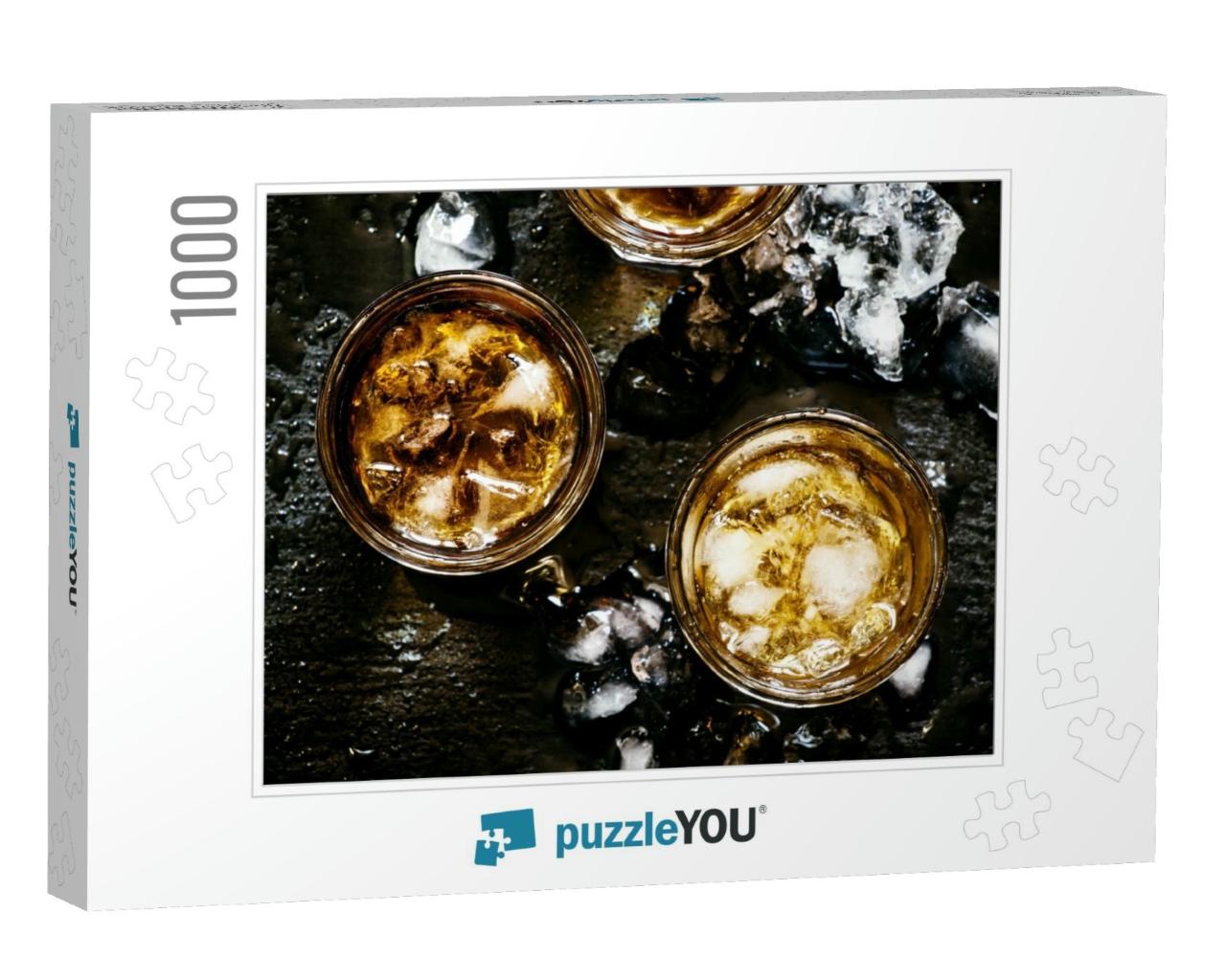 Cold Whiskey in a Glass with Crushed Ice on a Black Stone... Jigsaw Puzzle with 1000 pieces