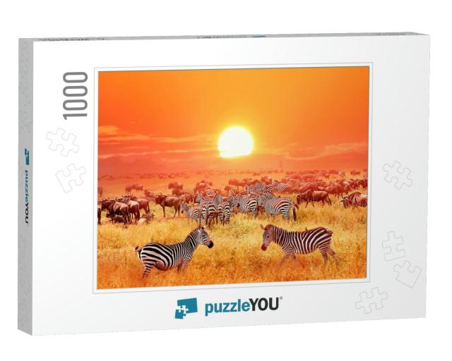 Zebras & Antelopes At Sunset in African Savannah. Serenge... Jigsaw Puzzle with 1000 pieces